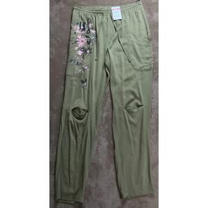 Oslo Womens Olive Floral Butterfly Viscose Jogger Pants Drawstring Size 10